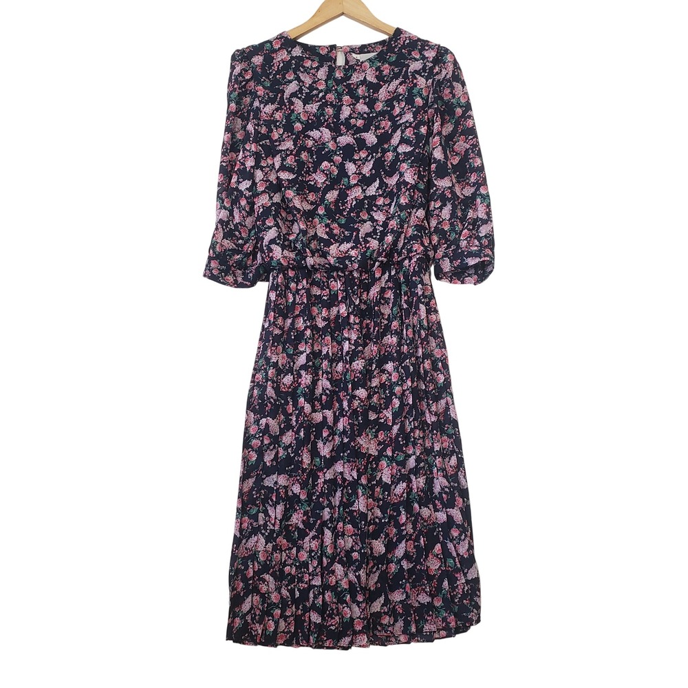 Vintage 90s Caroline Wells Dress Navy Pink Floral Pleated Midi 90s Cottagecore